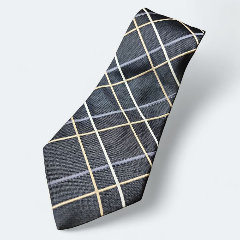 TOMMY HILFIGER | Classic Black Base With Tan Blue And Cream Crossing Stripe Tie
